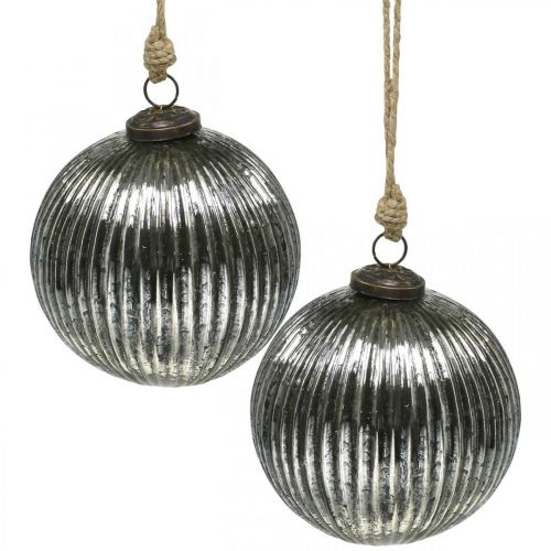 Article Boules de Noël en verre Boules de sapin de Noël argent avec rainures Ø12cm 2pcs