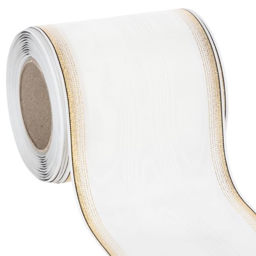 Floristik24 Ruban moiré blanc pour couronne, bordé de perles et de taffetas, ruban décoratif, ruban de deuil, largeur 100 mm, longueur 25 m