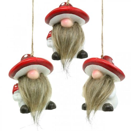 Nain décoratif en céramique à suspendre avec chapeau champignon rouge, blanc H8cm 4pcs