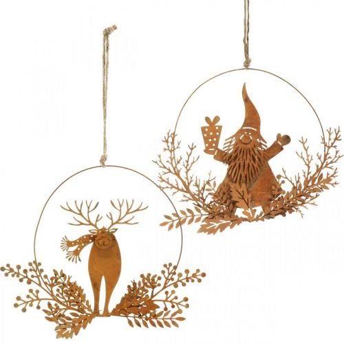 Bague décorative pour Noël, renne dans l&#39;anneau, Père Noël avec cadeau, décoration en métal patiné Ø18cm lot de 2