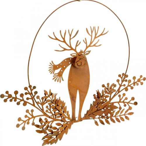 Article Bague décorative pour Noël, renne dans l&#39;anneau, Père Noël avec cadeau, décoration en métal patiné Ø18cm lot de 2
