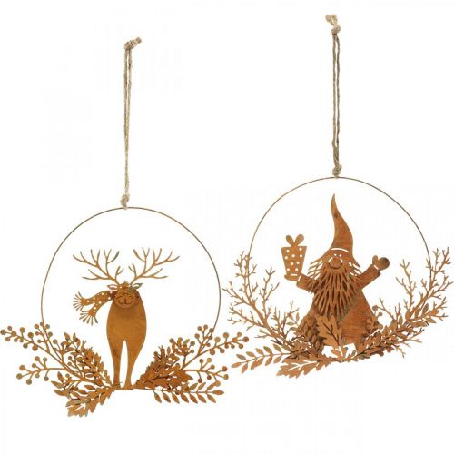 Article Bague décorative pour Noël, renne dans l&#39;anneau, Père Noël avec cadeau, décoration en métal patiné Ø18cm lot de 2