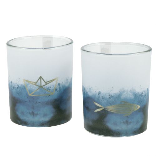 Floristik24 Photophores bleu-blanc avec bateau et poisson Ø 6 cm