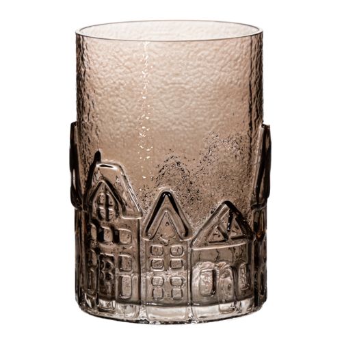 Lanterne en verre transparent brun avec motifs maisons 23 cm