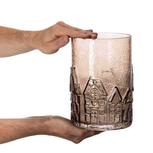 Lanterne en verre transparent brun avec motifs maisons 23 cm | Floristik24.fr