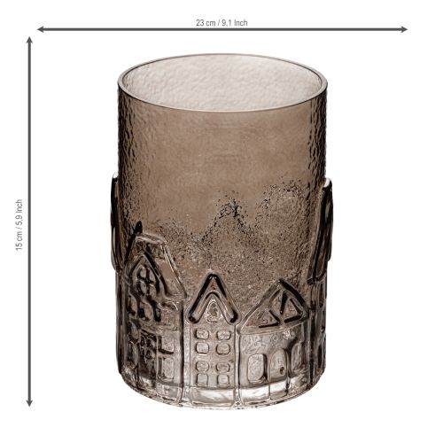 Lanterne en verre transparent brun avec motifs maisons 23 cm | Floristik24.fr