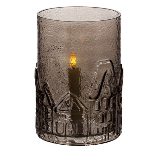 Lanterne en verre transparent brun avec motifs maisons 23 cm | Floristik24.fr