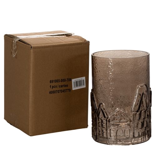 Lanterne en verre transparent brun avec motifs maisons 23 cm | Floristik24.fr