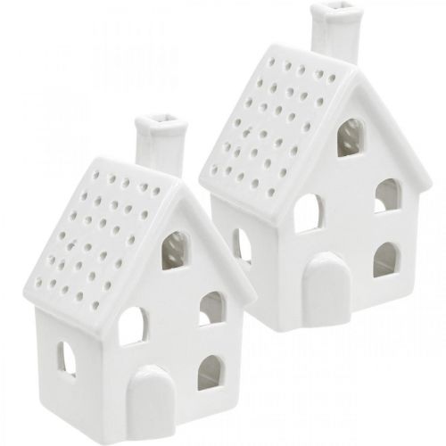 Lanterne Maison Céramique Lumineuse Avent Blanc H14cm 2 pcs