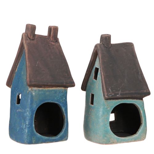 Floristik24 Maison lanterne maison en céramique bleu marron H15,5/17,5cm 2 pcs