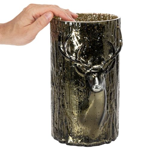 Lantern en verre avec tête de cerf et motifs d’arbres, 26 cm, vert-brun | Floristik24.fr