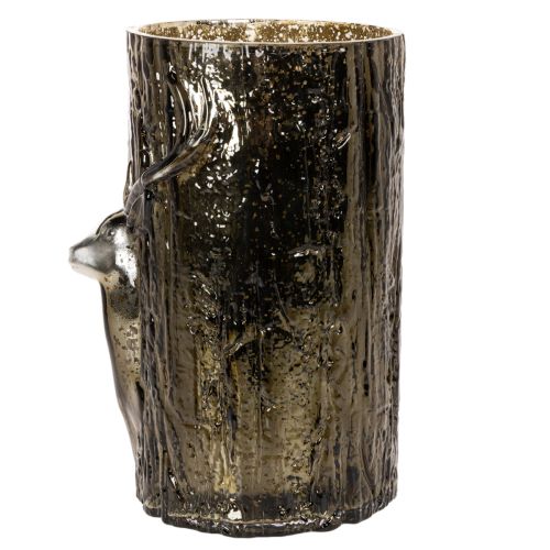 Lantern en verre avec tête de cerf et motifs d’arbres, 26 cm, vert-brun | Floristik24.fr