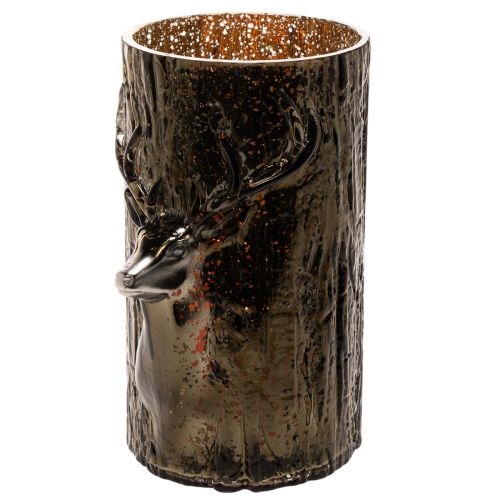 Lantern en verre avec tête de cerf et motifs d’arbres, 26 cm, vert-brun | Floristik24.fr