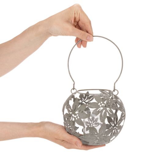 Photophore suspendu en métal gris avec motif floral Ø14 cm H13 cm | Floristik24.fr