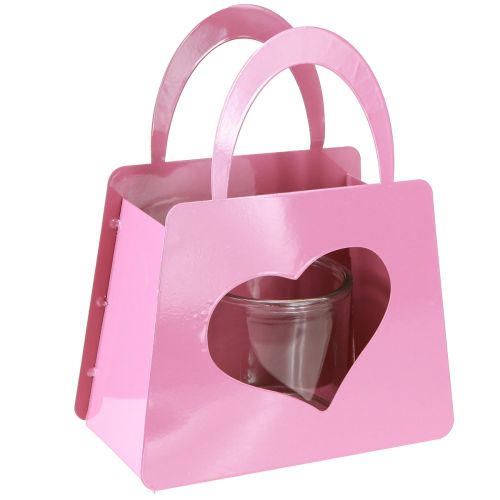 Lanterne sac en métal avec insert en verre coeur rose H26cm