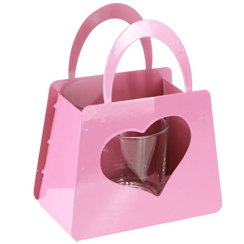 Lanterne en métal avec insert en verre sac rose H18cm 2pcs