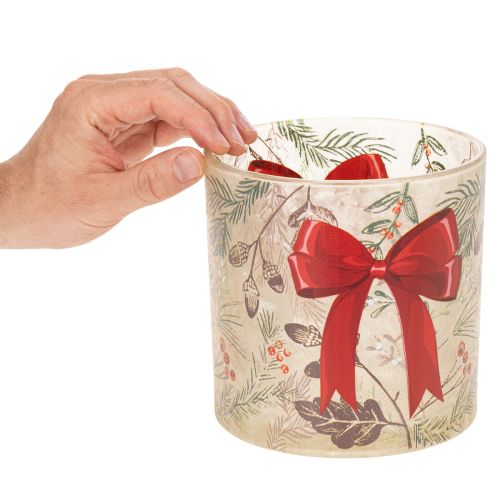Photophore en verre avec ruban rouge et branches d'hiver, 15 cm | Floristik24.fr