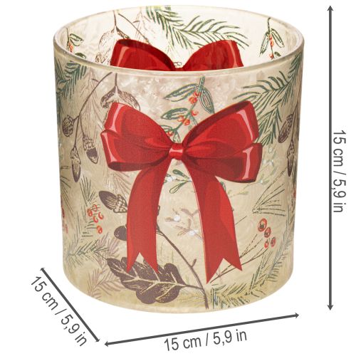 Photophore en verre avec ruban rouge et branches d'hiver, 15 cm | Floristik24.fr