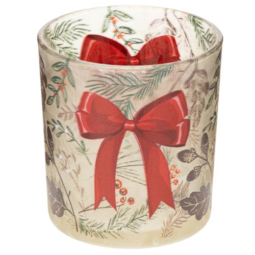 Photophore en verre avec motifs de branches de Noël et ruban rouge 8 cm, lot de 2