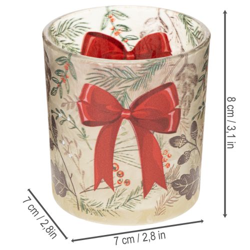 Photophore en verre avec motifs de branches de Noël et ruban rouge 8 cm, lot de 2 | Floristik24.fr