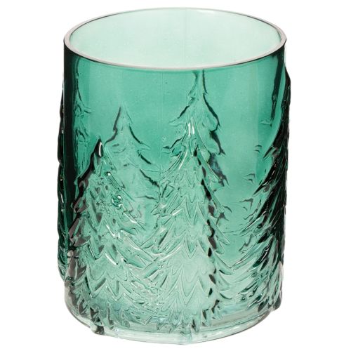 Photophore en verre turquoise avec motif de sapins en relief 16 cm