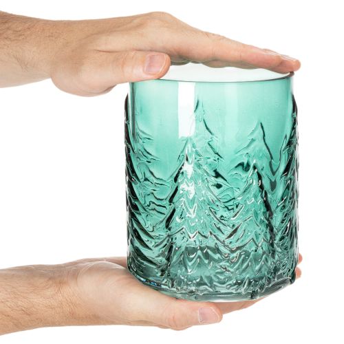 Photophore en verre turquoise avec motif de sapins en relief 16 cm | Floristik24.fr