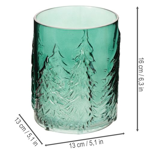 Photophore en verre turquoise avec motif de sapins en relief 16 cm | Floristik24.fr
