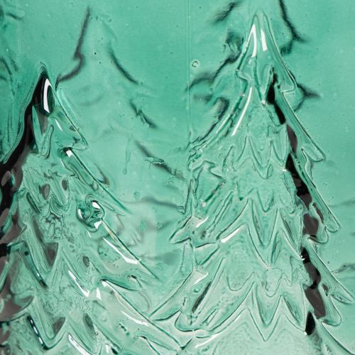 Photophore en verre turquoise avec motif de sapins en relief 16 cm | Floristik24.fr