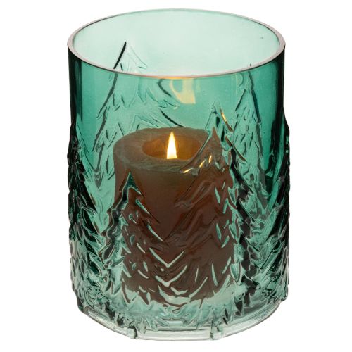 Photophore en verre turquoise avec motif de sapins en relief 16 cm | Floristik24.fr
