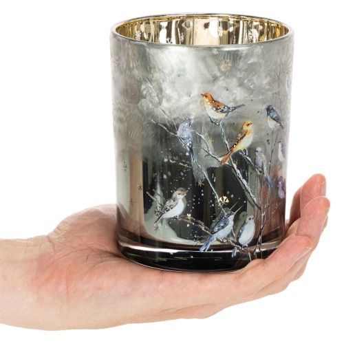Photophore en verre avec oiseaux, design hivernal, 12 cm | Floristik24.fr