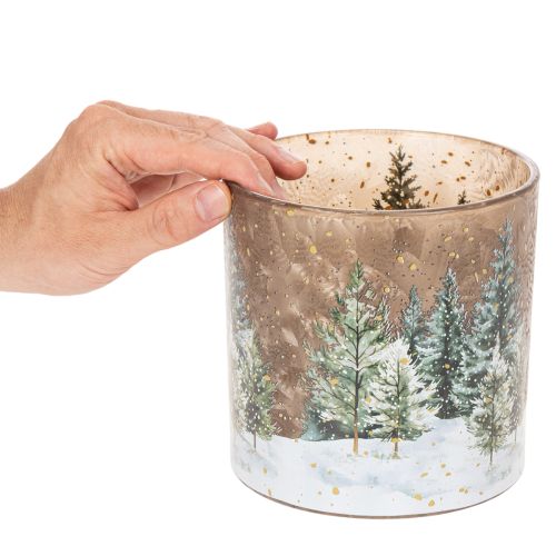Photophore en verre motif forêt de sapins enneigée 15 cm pour intérieur | Floristik24.fr