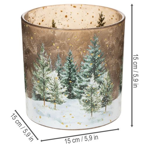 Photophore en verre motif forêt de sapins enneigée 15 cm pour intérieur | Floristik24.fr
