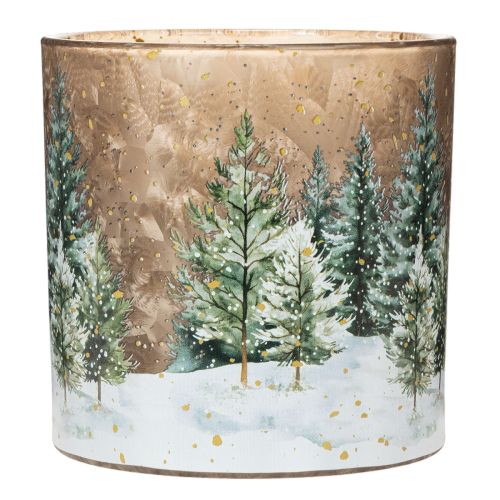 Photophore en verre motif forêt de sapins enneigée 15 cm pour intérieur | Floristik24.fr