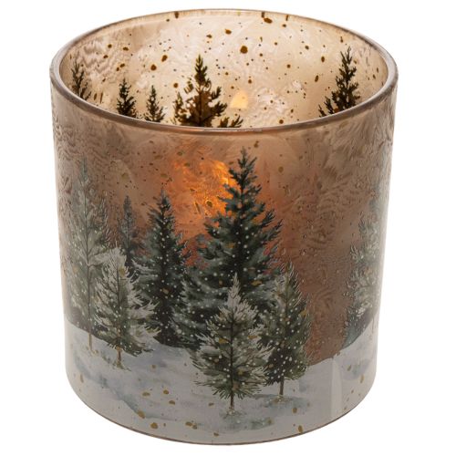 Photophore en verre motif forêt de sapins enneigée 15 cm pour intérieur | Floristik24.fr