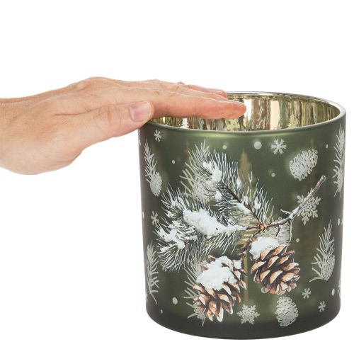 Photophore en verre motif pommes de pin et flocons de neige 15 cm | Floristik24.fr