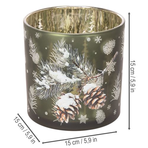 Photophore en verre motif pommes de pin et flocons de neige 15 cm | Floristik24.fr
