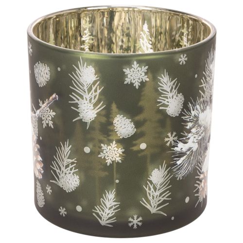 Photophore en verre motif pommes de pin et flocons de neige 15 cm | Floristik24.fr