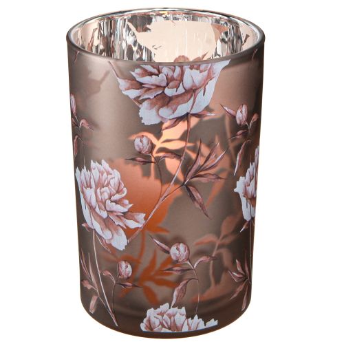 Article Lanterne en verre marron argent rose pivoines H18cm