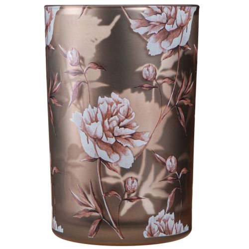 Article Lanterne en verre marron argent rose pivoines H18cm