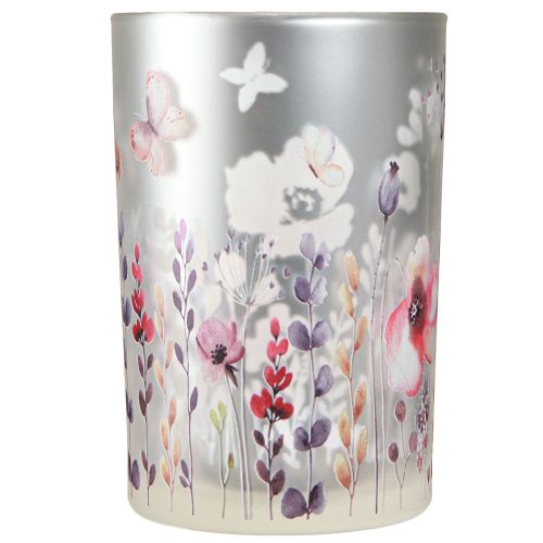 Article Lanterne en verre coquelicot papillon couleur argent H18cm