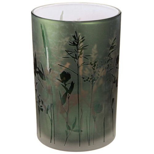 Article Lanterne en verre blanc motif prairie verte H18cm
