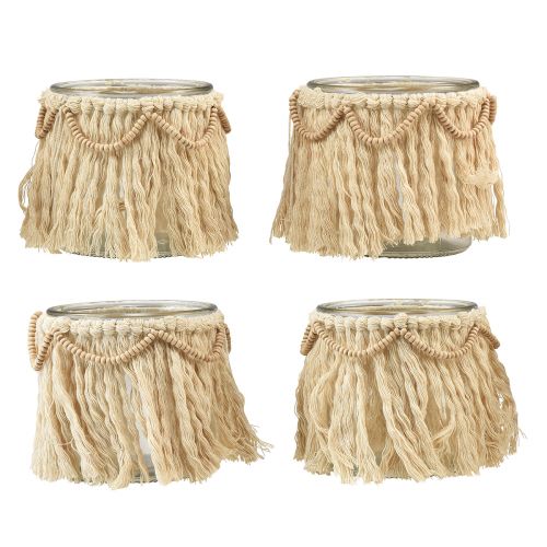 Article Lanterne Franges en Verre Macramé Crème Boho Ø9.5cm 4pcs