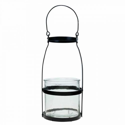 Lanterne en verre avec anse bougeoir noir H25cm