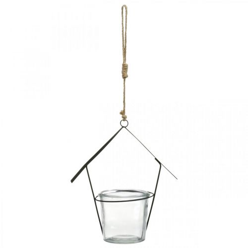 Article Lanterne maison, photophore à suspendre, décoration métal, verre H21,5cm 2pcs