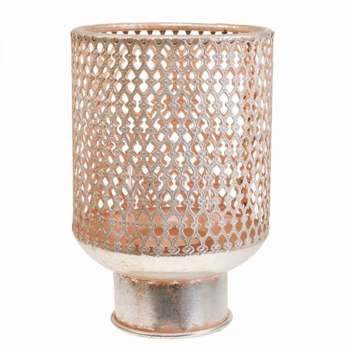 Lanterne métal bougeoir verre rose argenté Ø18cm H27cm
