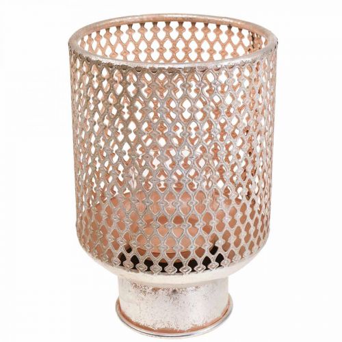 Article Lanterne métal bougeoir verre rose argenté Ø18cm H27cm
