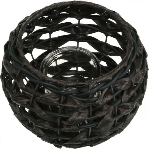 Lanterne tressée noir, rotin marron verre bougie Ø23cm H18cm