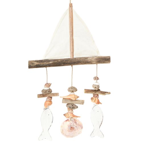 Carillon à vent voilier décoration poisson bois blanc naturel H56cm