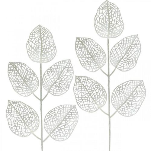 Décoration d&#39;hiver, feuilles déco, branche artificielle paillettes blanches L36cm 10p