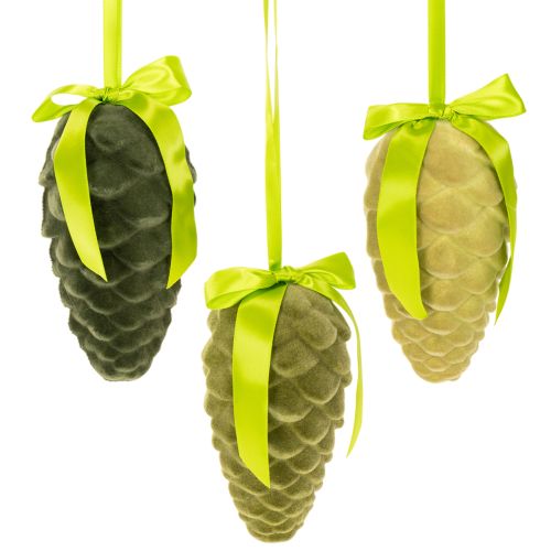 Lot de 3 pommes de pin décoratives en plastique floqué avec ruban et nœud, longueur 18 cm, tons verts
